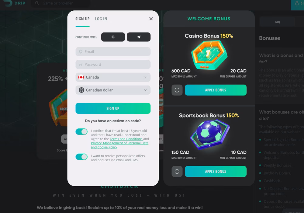 Регистрация в Drip Casino