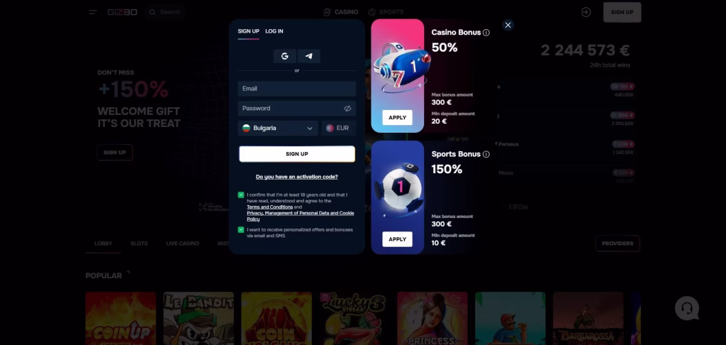 Регистрация в казино Gizbo