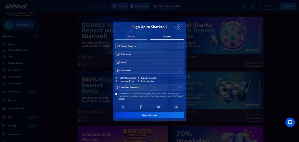 Aanmelden bij Sharkroll Casino