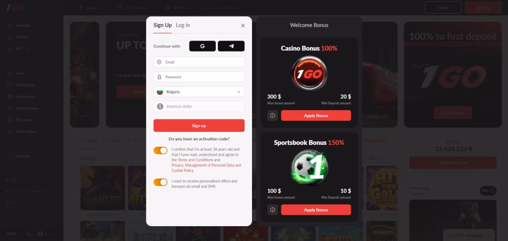 Зарегистрируйтесь в казино 1Go