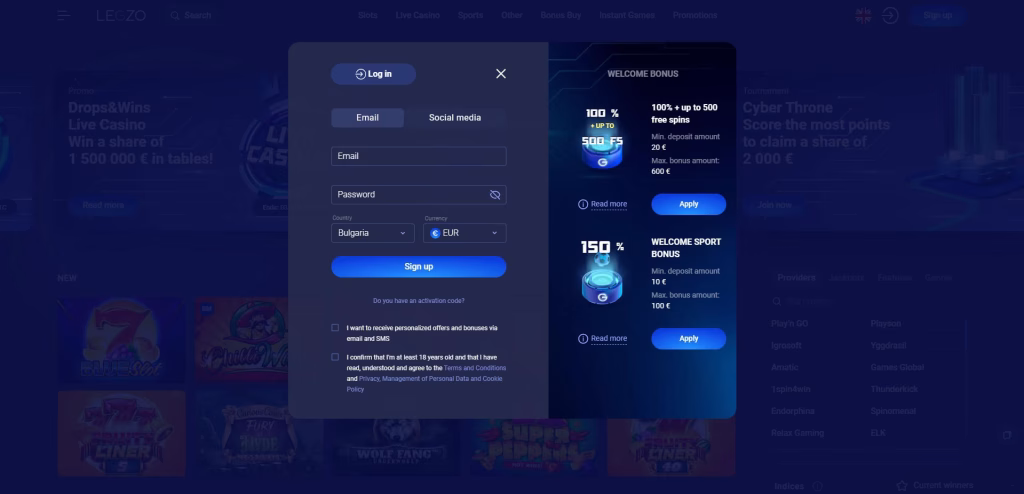 在 Legzo 赌场注册