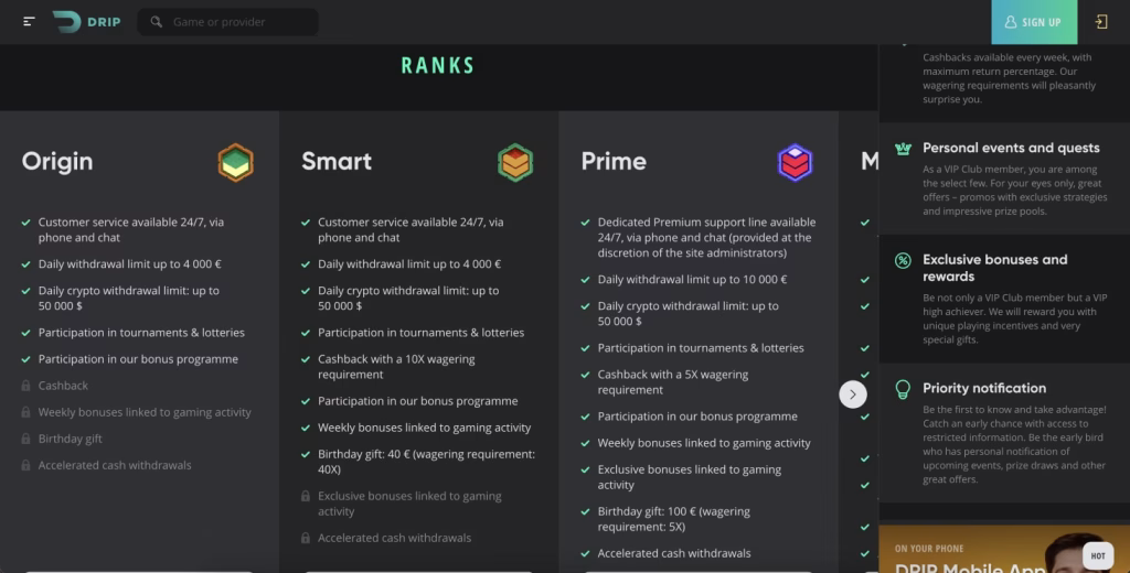 рангове на drip casino