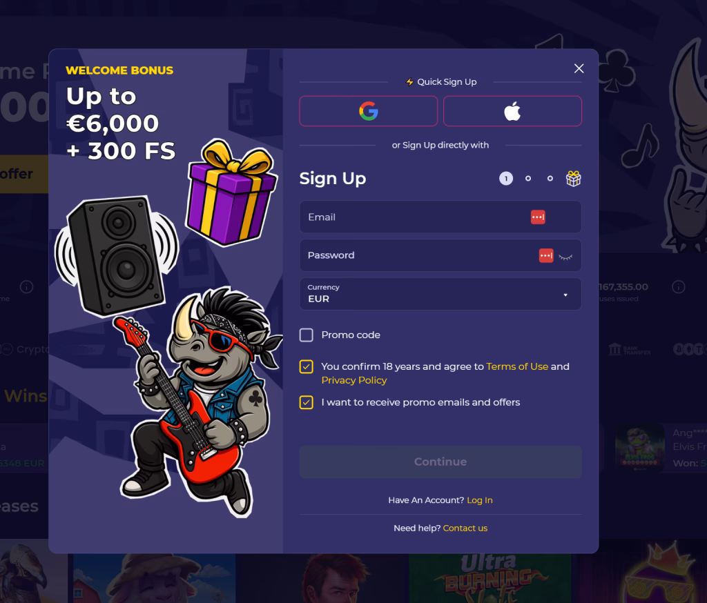 Регистрация в казино Spinorhino