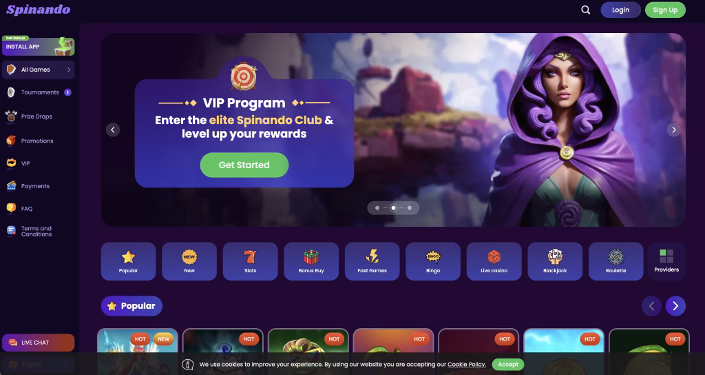 Spinando casino homepage